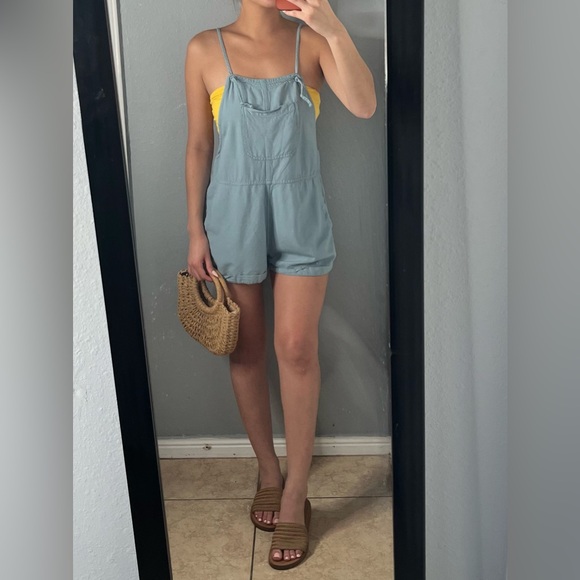 Soft Blue Linen Blend Romper Overalls Sz S - Casual Summer Cottagecore coastal - Picture 1 of 13